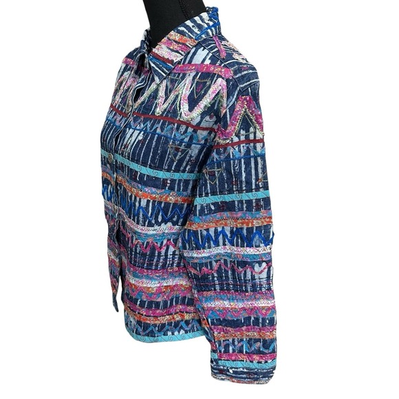 Chico's Denim Jacket Women's Size 2 (12/14) Blue Colorful Ribbon Art To Wear - Picture 3 of 10